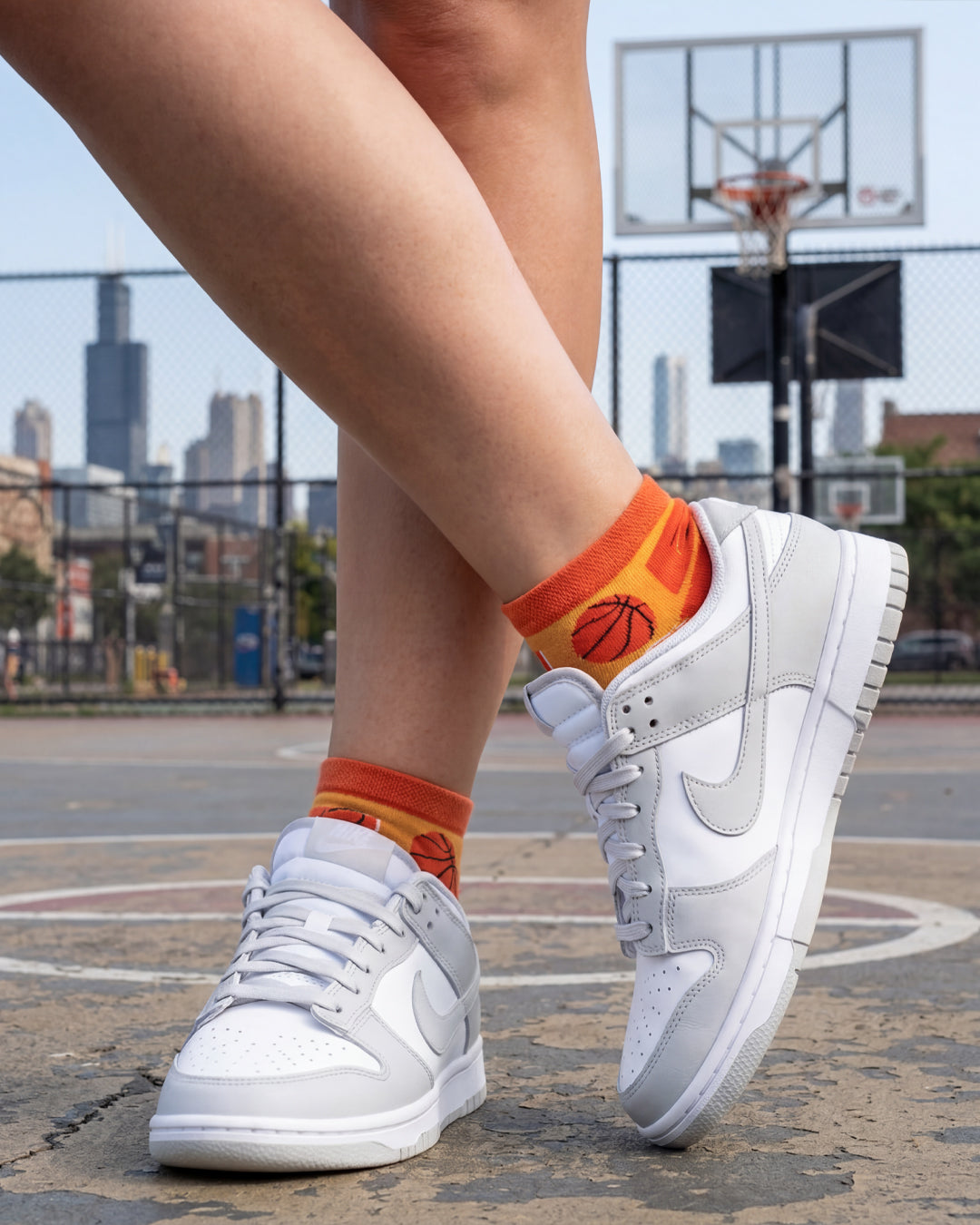 Socksop Basketball ankle socks worn outdoors with low-cut shoes — court-side casual look