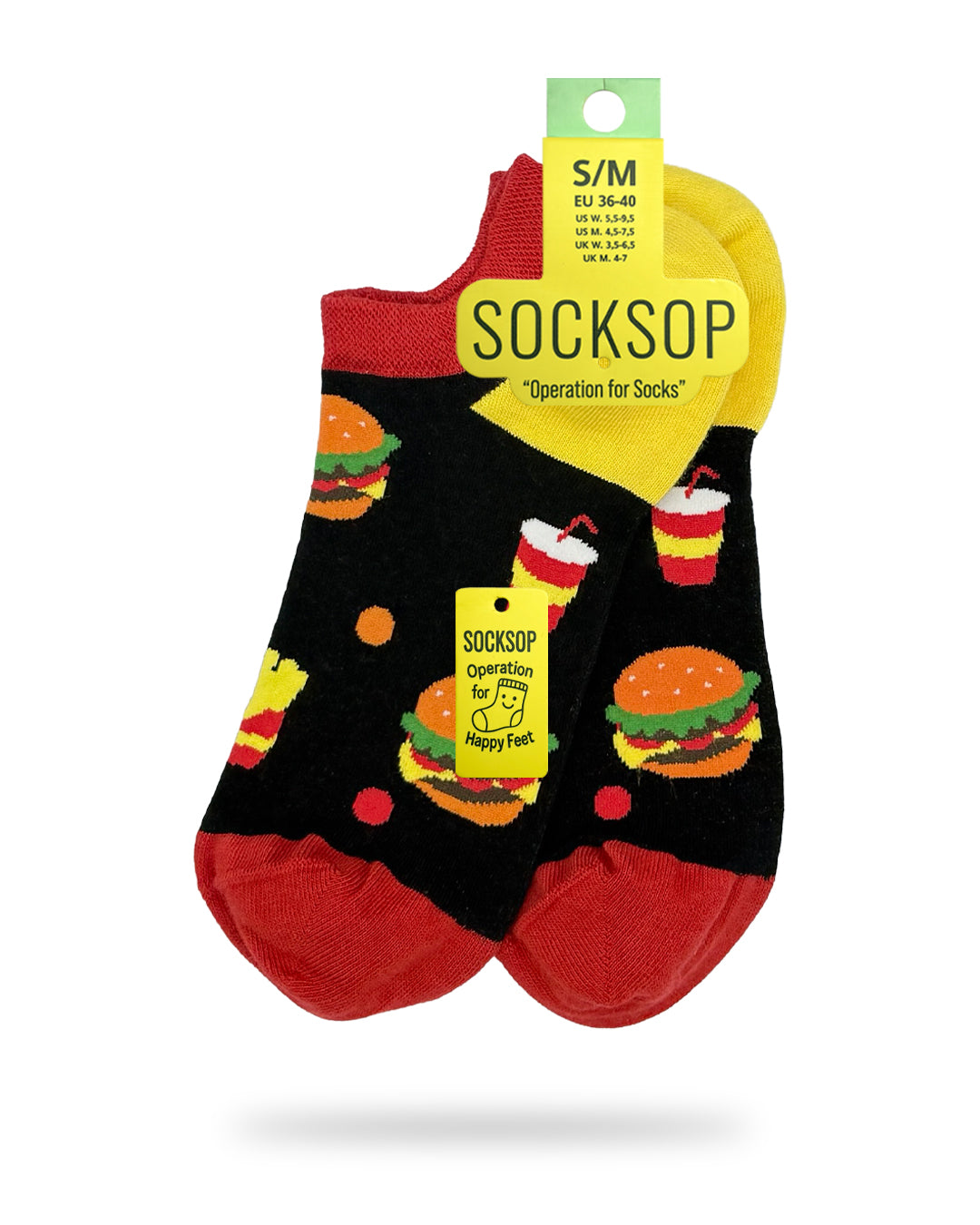 Socksop Burger ankle socks — studio hero shot black pair with burgers fries and soda