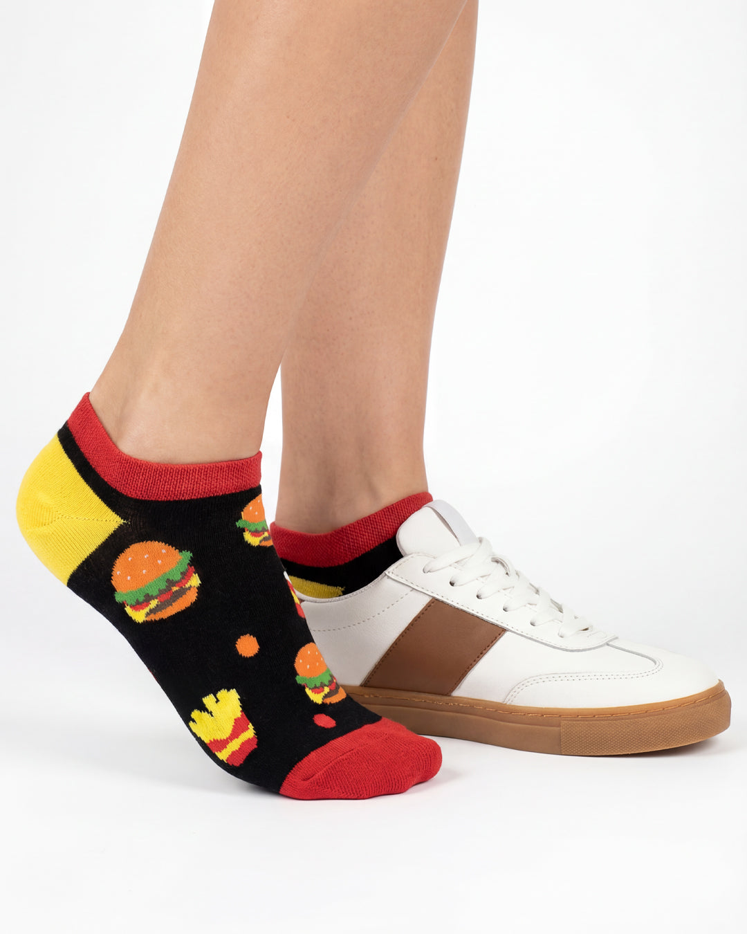 Socksop Burger ankle socks studio shot — black pair with burger fries soda print