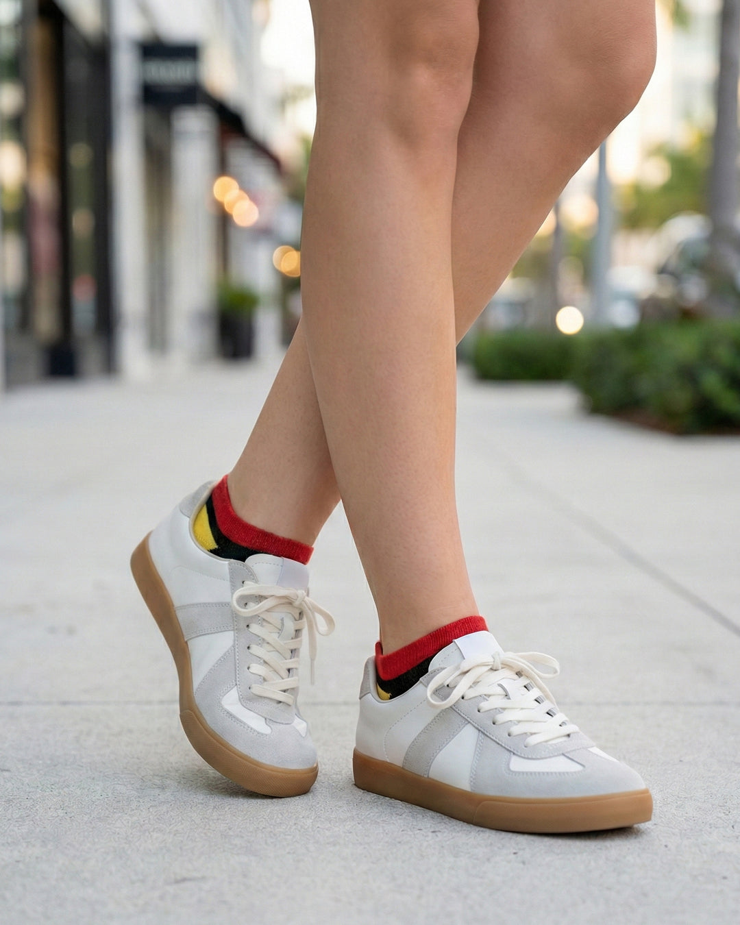 Socksop Burger ankle socks worn outdoors with low-cut shoes — fast-food fan street style