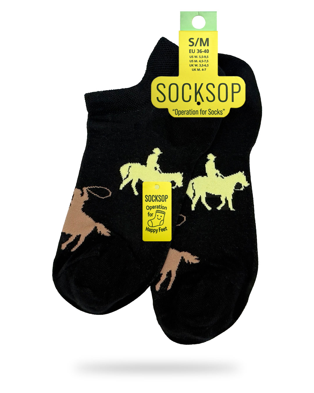 Socksop Cowboy ankle socks — studio hero shot black pair with yellow horseback riders and lasso