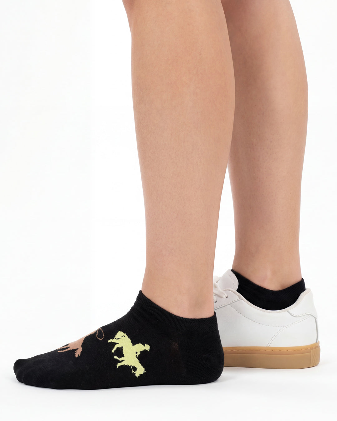 Socksop Cowboy ankle socks studio shot — black pair with yellow horseback rider silhouettes