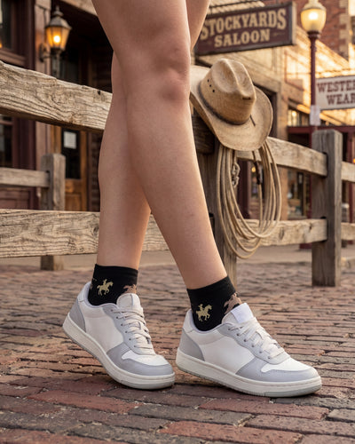 Socksop Cowboy ankle socks worn outdoors with low-cut shoes — rugged frontier-inspired look