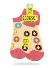 Socksop Donut ankle socks — studio hero shot cream pair with sprinkled and chocolate-glazed donuts
