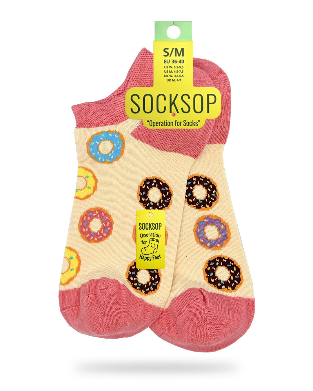 Socksop Donut ankle socks — studio hero shot cream pair with sprinkled and chocolate-glazed donuts
