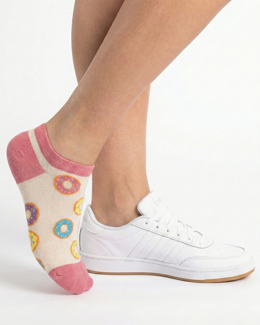 Socksop Donut ankle socks studio shot — cream pair with multicolored sprinkle and chocolate donuts