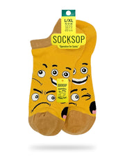 Socksop Emoji ankle socks — studio hero shot yellow pair with playful smiley faces