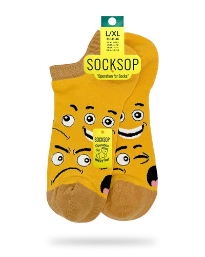 Socksop Emoji ankle socks — studio hero shot yellow pair with playful smiley faces
