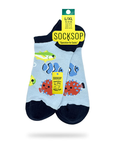 Socksop Fish ankle socks — studio hero shot light blue pair with clownfish and pufferfish