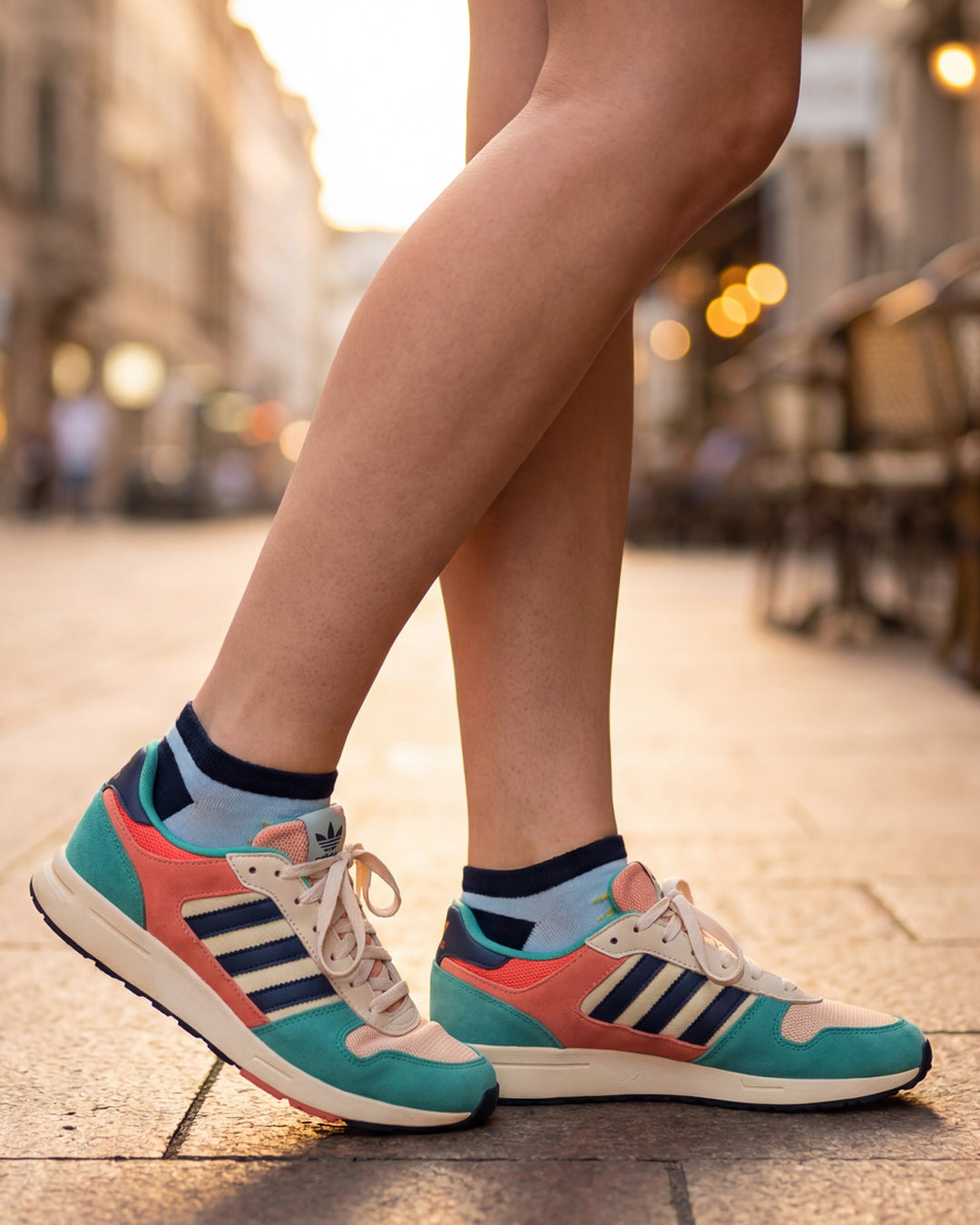 Socksop Fish ankle socks worn outdoors with low-cut shoes — beachside coastal look