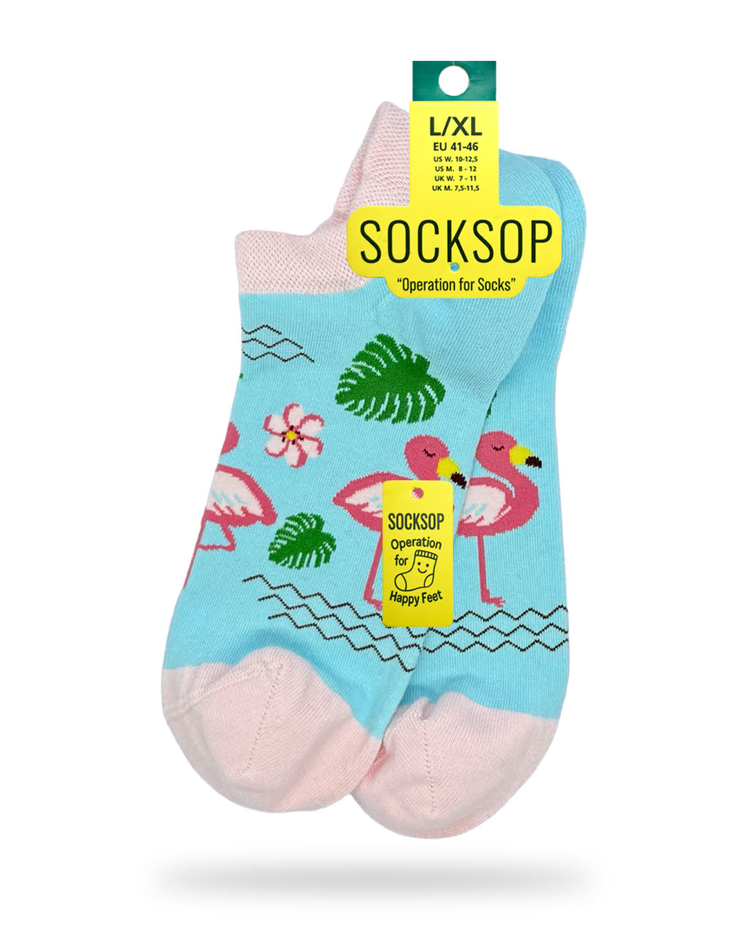 Socksop Flamingo ankle socks — studio hero shot turquoise pair with pink flamingos and tropical leaves