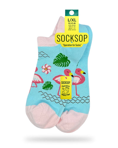 Socksop Flamingo ankle socks — studio hero shot turquoise pair with pink flamingos and tropical leaves