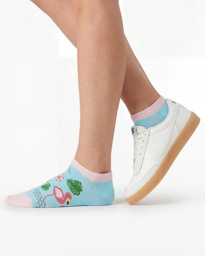 Socksop Flamingo ankle socks studio shot — turquoise pair with pink flamingos and monstera leaves