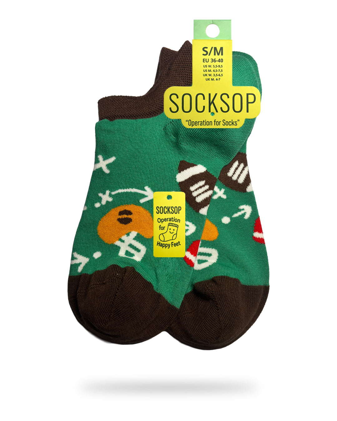Socksop Football ankle socks — studio hero shot green pair with footballs helmets and play diagrams