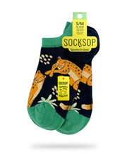 Socksop Forest ankle socks — studio hero shot navy pair with leopards and ferns