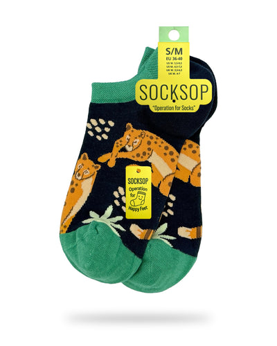 Socksop Forest ankle socks — studio hero shot navy pair with leopards and ferns