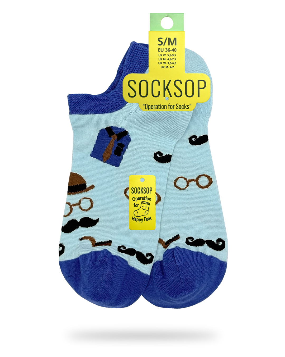 Socksop Gentleman ankle socks — studio hero shot light blue pair with mustaches hats glasses and pipes