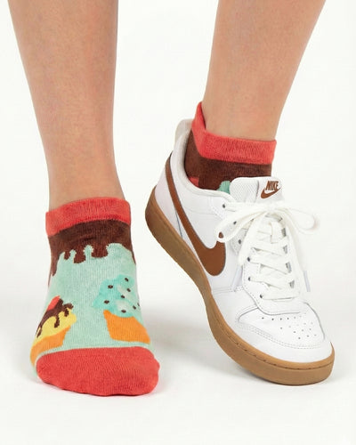 Socksop Ice Cream ankle socks studio shot — mint pair with chocolate drip and orange cones