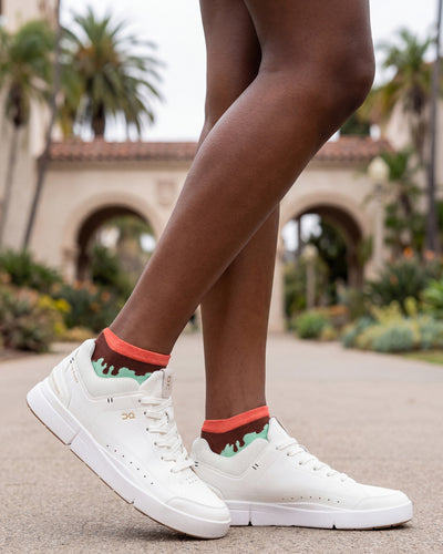 Socksop Ice Cream ankle socks worn outdoors with low-cut shoes — summery sweet-tooth look