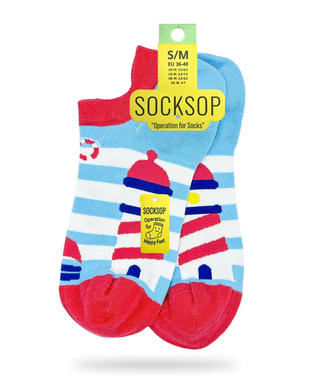 Socksop Lighthouse ankle socks — studio hero shot striped blue pair with red lighthouses and life rings
