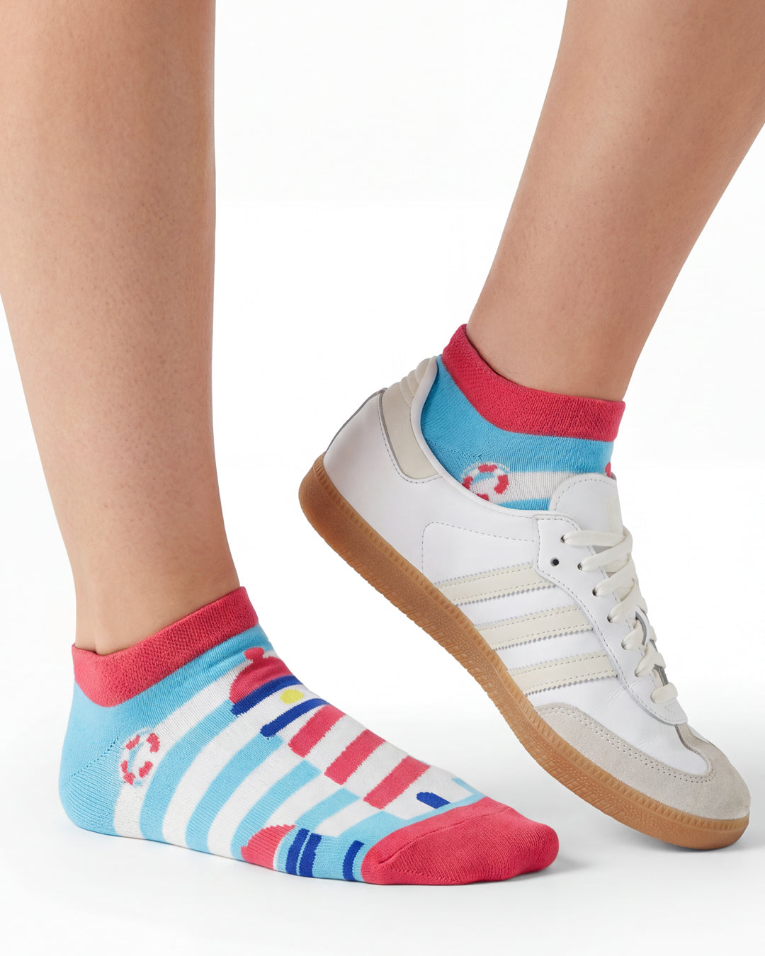 Socksop Lighthouse ankle socks studio shot — blue striped pair with red lighthouses and life ring