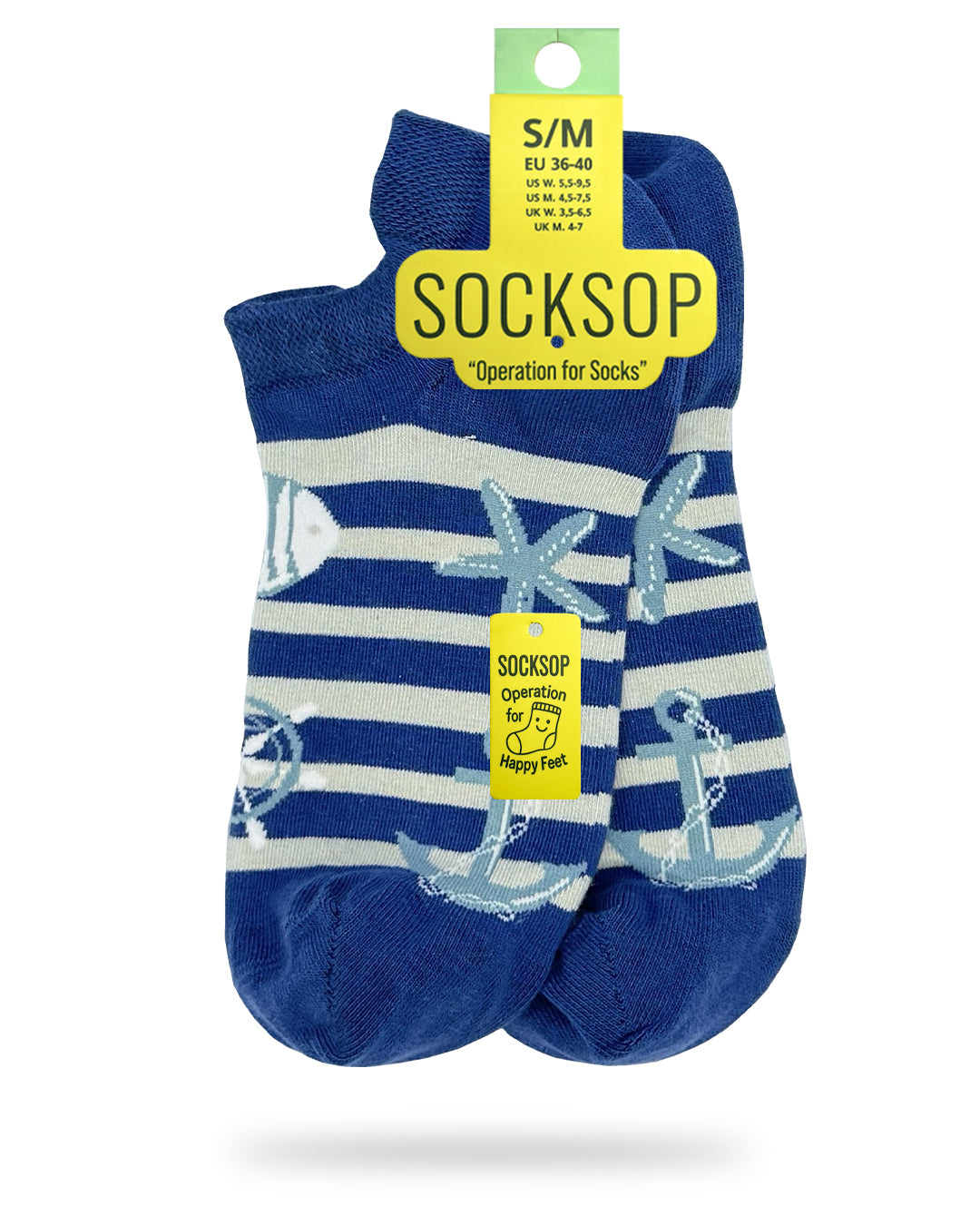 Socksop Nautical ankle socks — studio hero shot navy striped pair with anchors starfish and fish