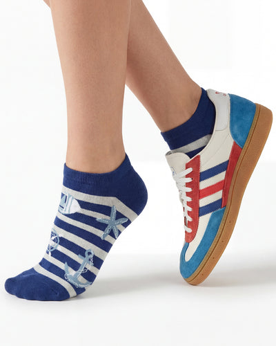 Socksop Nautical ankle socks studio shot — navy striped pair with anchors starfish and ships wheel