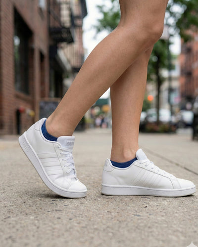 Socksop Nautical ankle socks worn outdoors with low-cut shoes — sailor-inspired coastal look