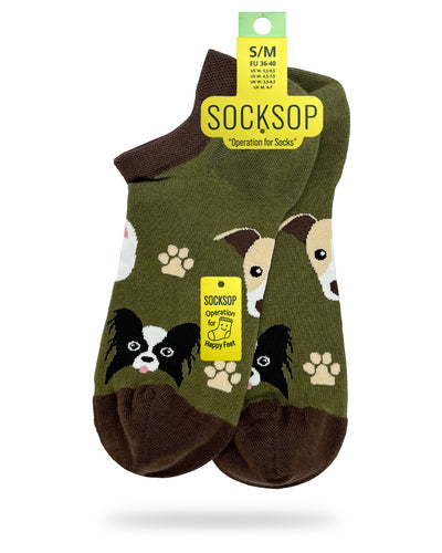 Socksop Paw ankle socks — studio hero shot olive pair with dog faces and paw prints