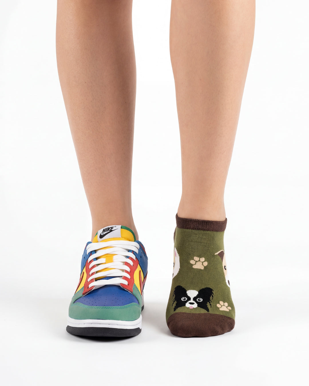 Socksop Paw ankle socks studio shot — olive pair with cute dog faces and paw prints
