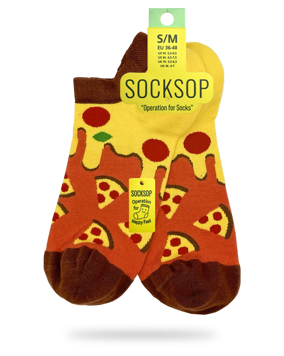 Socksop Pizza ankle socks — studio hero shot orange pair with pepperoni slices and cheese drip