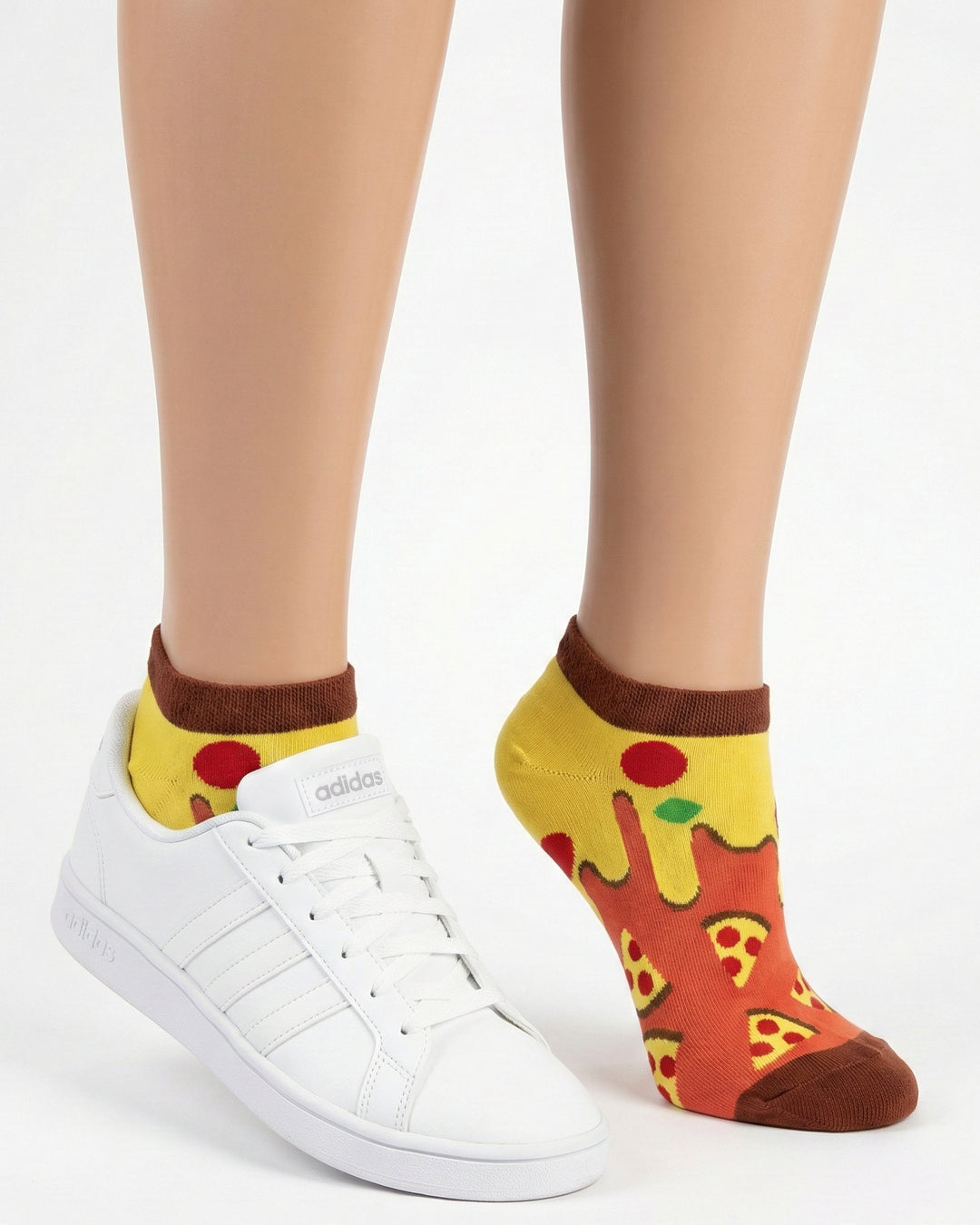 Socksop Pizza ankle socks studio shot — orange pair with pepperoni slices and melted cheese drip