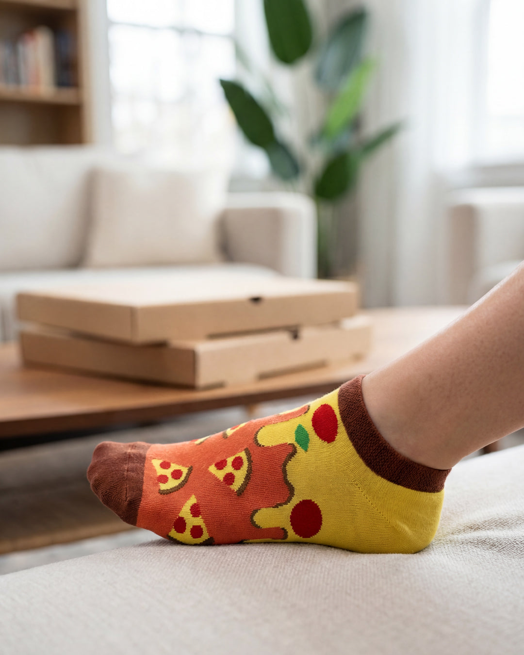 Socksop Pizza ankle socks at home — orange pair styled with pizza-night indoor scene