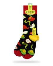 Socksop Apple crew socks — studio hero shot with red and green apples and worms on black