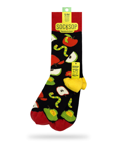 Socksop Apple crew socks — studio hero shot with red and green apples and worms on black