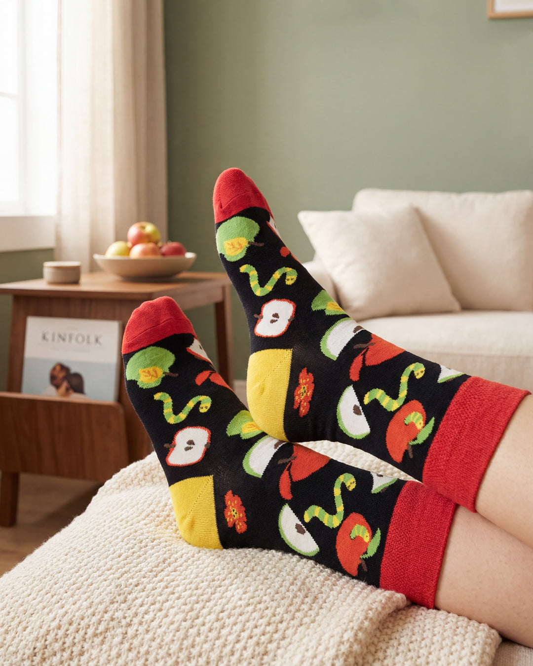 Socksop Apple crew socks at home — quirky orchard-pattern styling for casual indoor wear