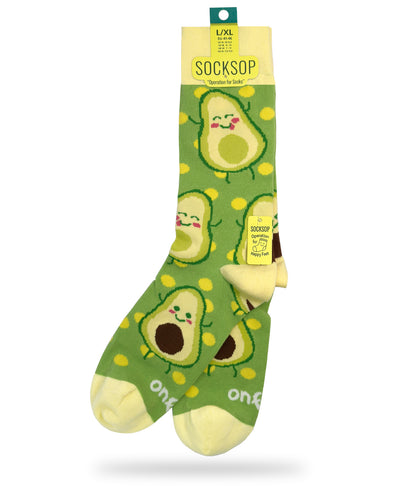 Socksop Avocado crew socks — studio hero shot with smiling avocado halves and yellow polka dots on green
