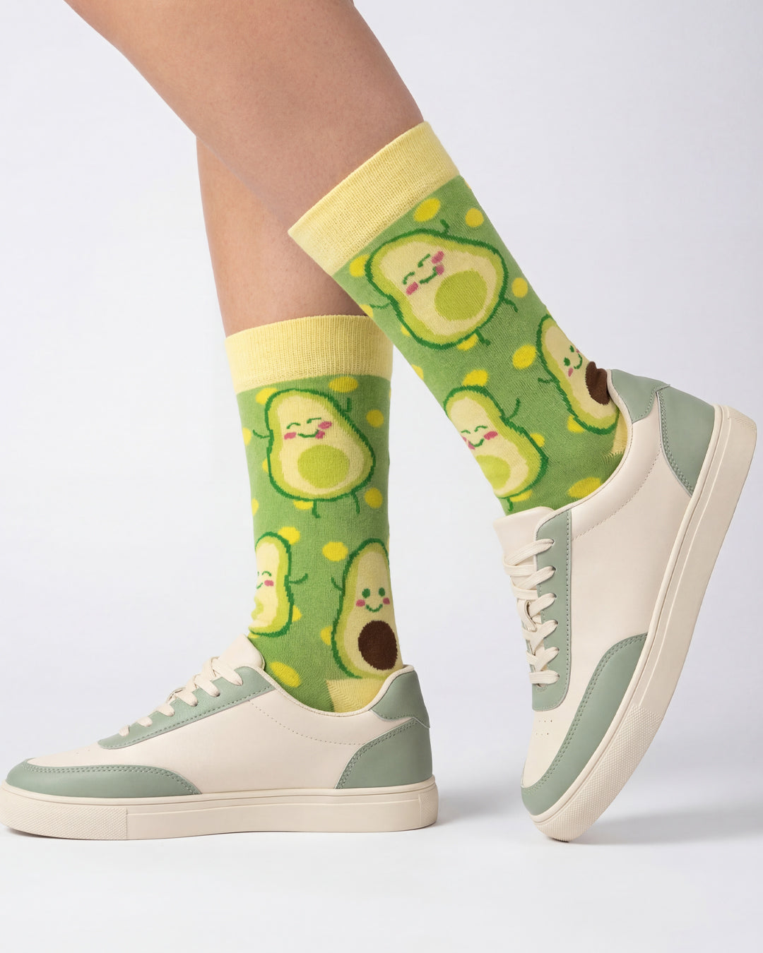 Socksop Avocado crew socks studio shot — kawaii avocado motif in green and cream cotton