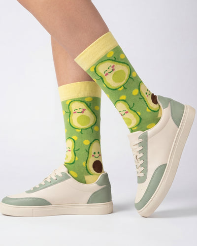 Socksop Avocado crew socks studio shot — kawaii avocado motif in green and cream cotton