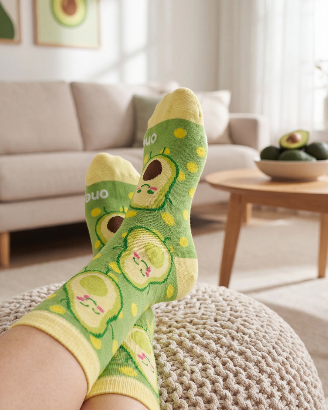 Socksop Avocado crew socks at home — cheerful avocado-pattern styling for cozy indoor wear