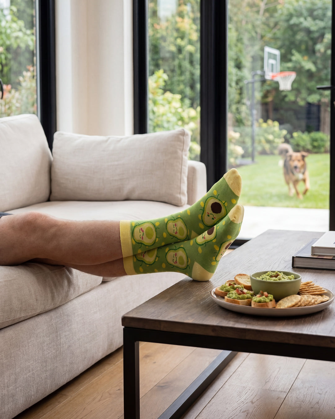 Socksop Avocado crew socks lifestyle shot — playful avocado design styled for brunch and everyday wear