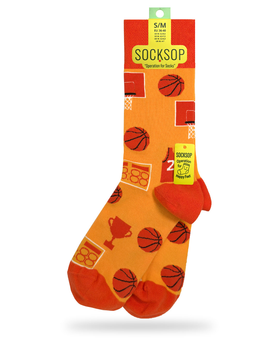 Socksop Basketball crew socks — studio hero shot with hoops balls and trophies on orange