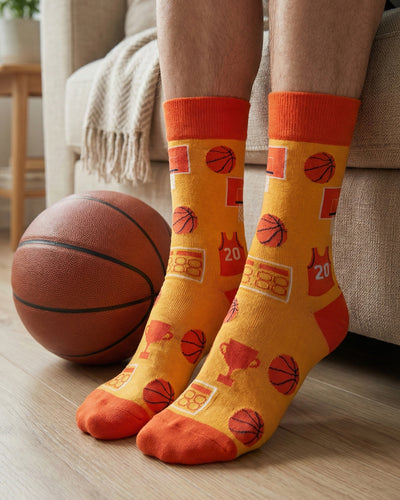 Socksop Basketball crew socks at home — sporty hoops-pattern styling for casual indoor wear