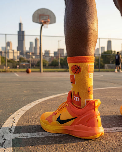 Socksop Basketball crew socks worn outdoors — bright orange court-themed pattern paired with sneakers
