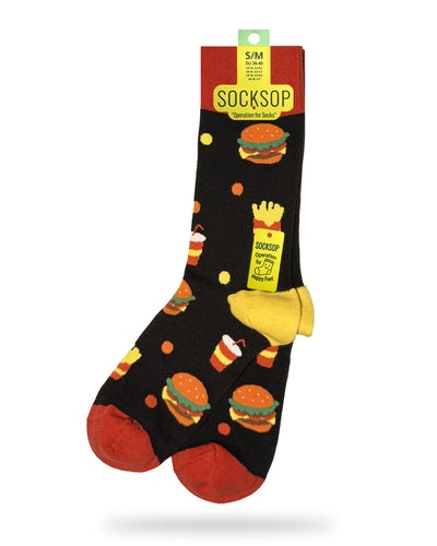 Socksop Burger crew socks — studio hero shot with burgers fries and soda cups on black