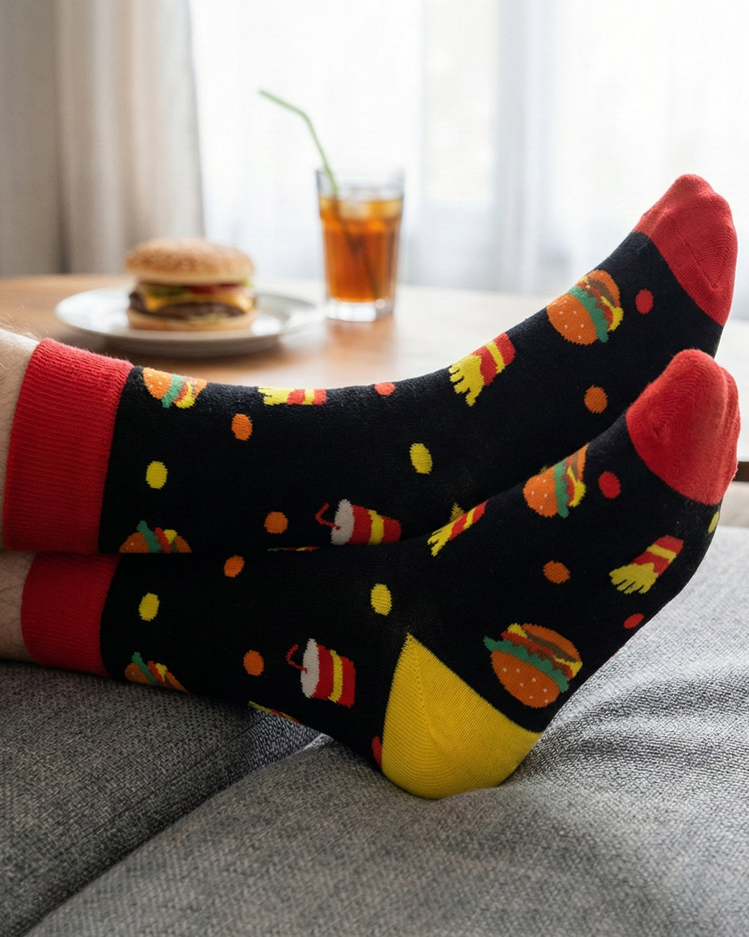 Socksop Burger crew socks at home — cheeky fast-food pattern styling for casual indoor wear