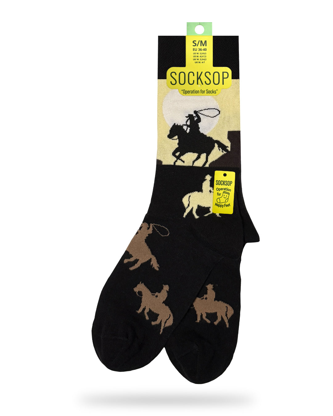 Socksop Cowboy crew socks — studio hero shot with horseback rider silhouettes lassoing under a moon