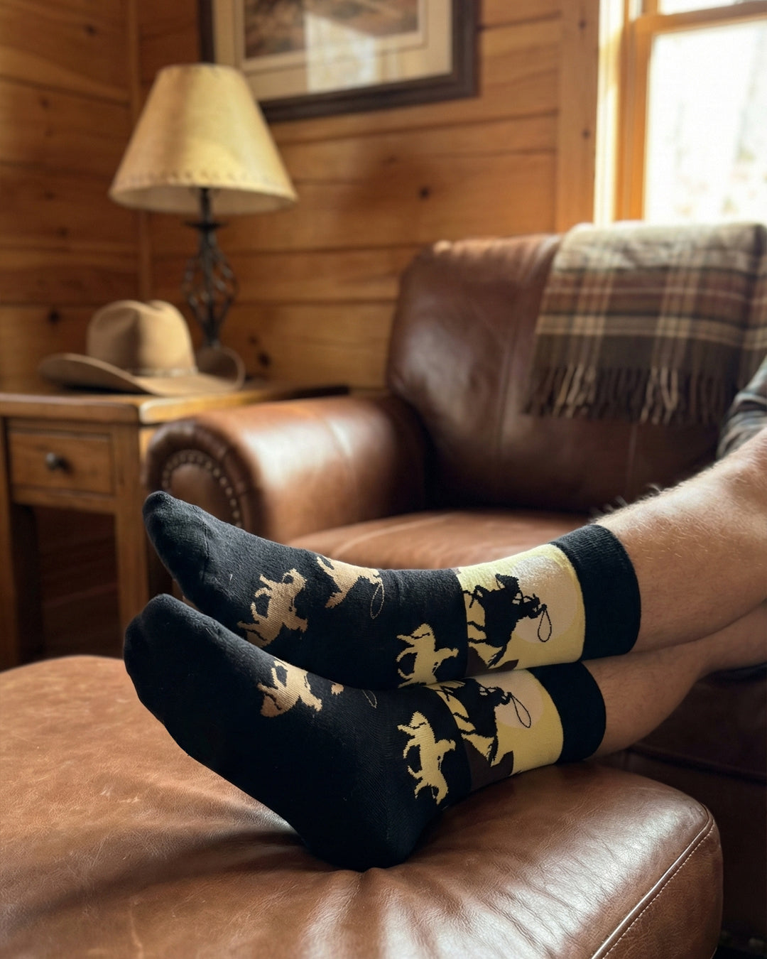 Socksop Cowboy crew socks at home — Wild West-pattern styling for cozy indoor wear
