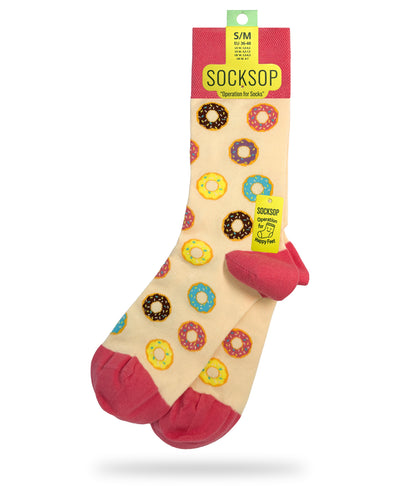 Socksop Donut crew socks — studio hero shot with frosted sprinkled donuts in pastel colors on cream