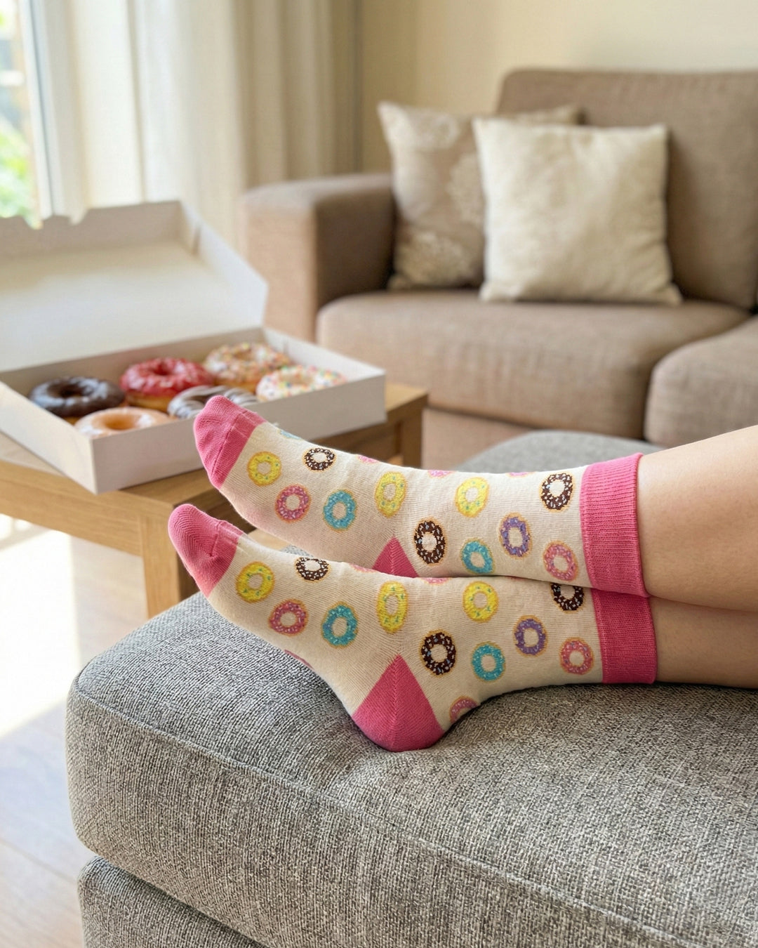 Socksop Donut crew socks at home — sweet bakery-pattern styling for cozy indoor wear